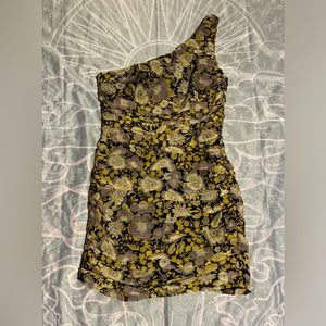 NWT Zara Yellow and Purple One Shoulder Floral Ruched Dress size XS